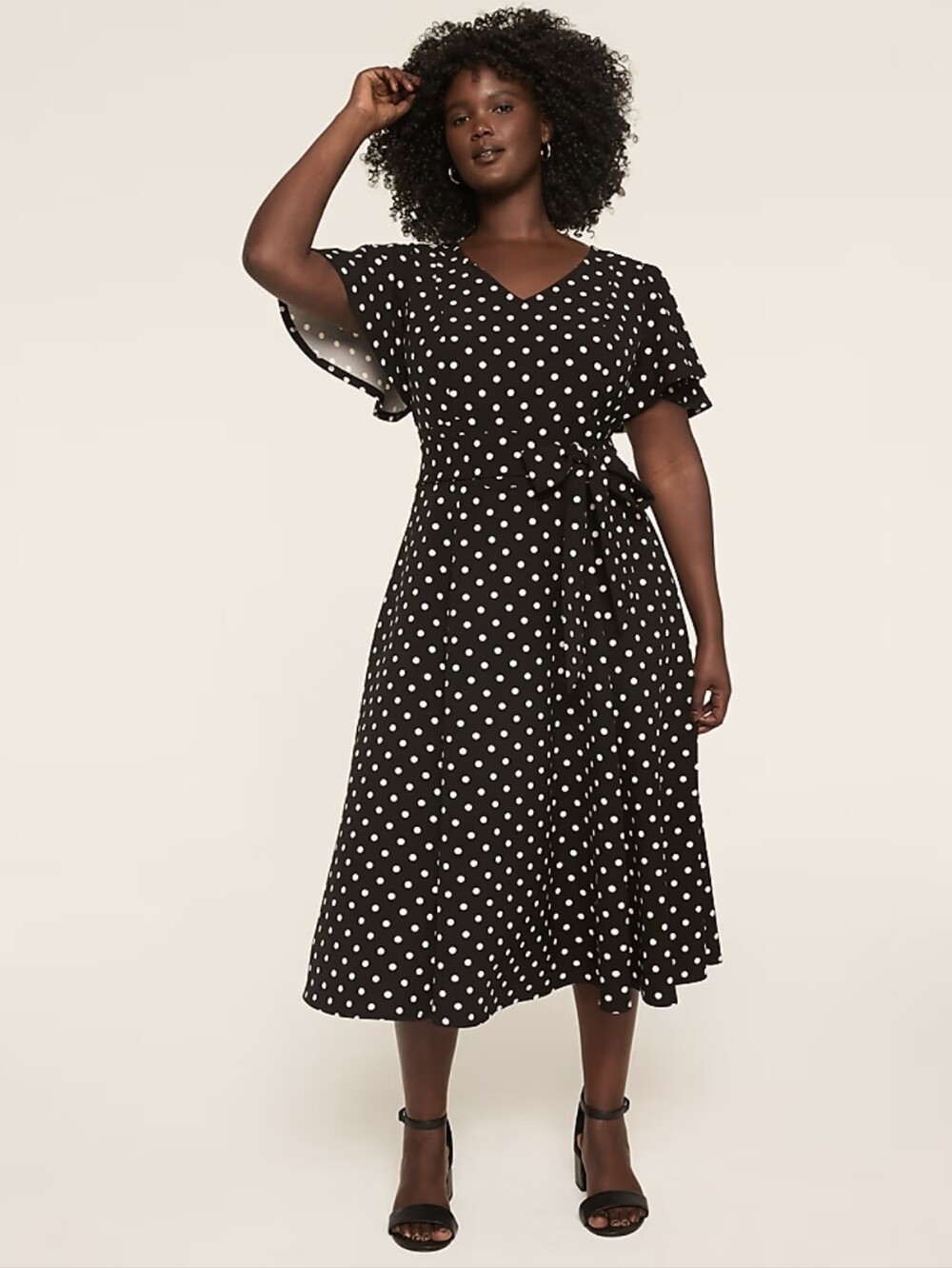 Lena V-Neck Level-Hem Polka Dot Midi Dress
